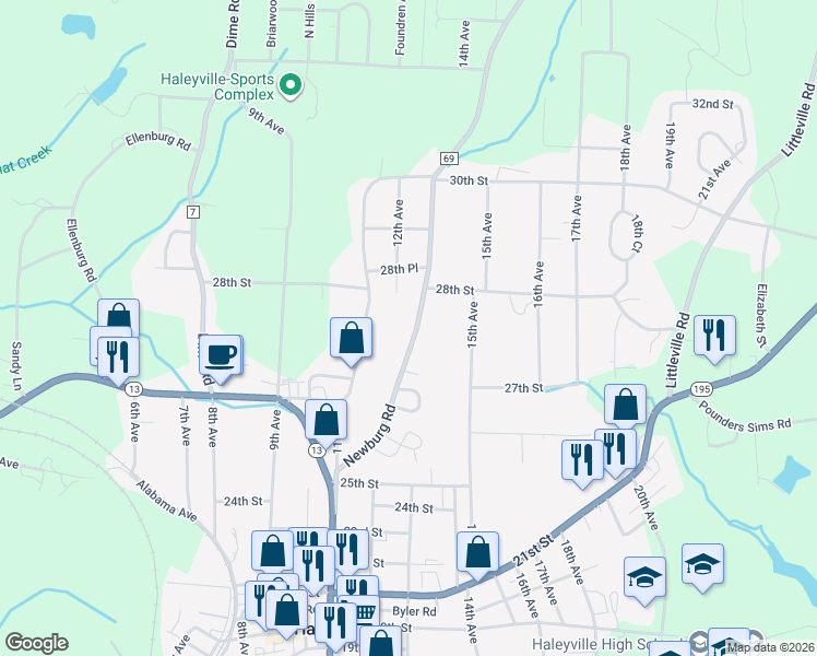 map of restaurants, bars, coffee shops, grocery stores, and more near 2675-2799 Newburg Road in Haleyville