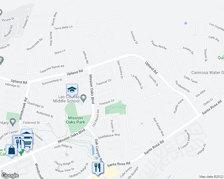 map of restaurants, bars, coffee shops, grocery stores, and more near 6075 Fremont Circle in Camarillo