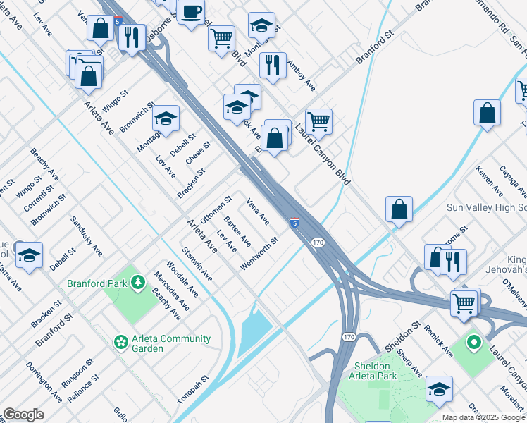 map of restaurants, bars, coffee shops, grocery stores, and more near 9168 Vena Avenue in Los Angeles