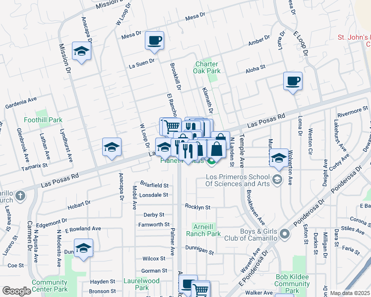 map of restaurants, bars, coffee shops, grocery stores, and more near 2306 Las Posas Road in Camarillo