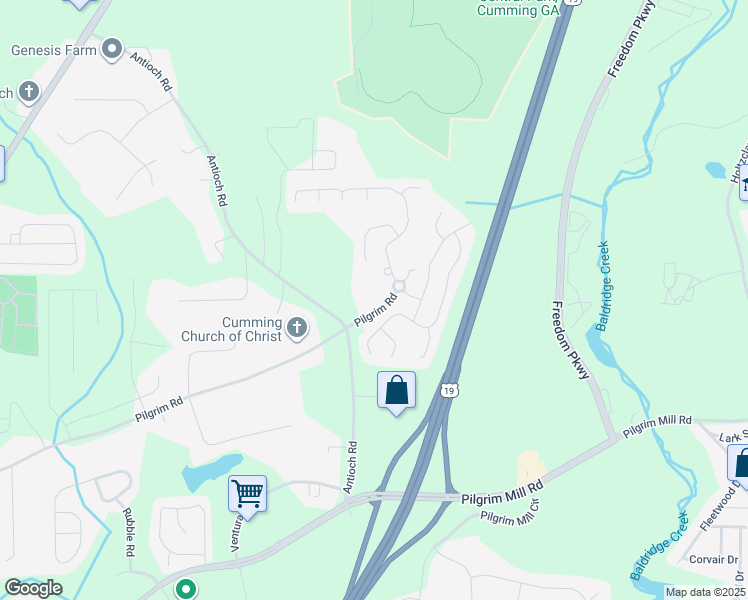 map of restaurants, bars, coffee shops, grocery stores, and more near 2455 Pilgrim Road in Cumming