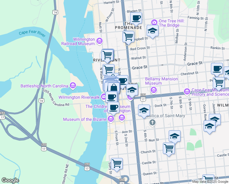 map of restaurants, bars, coffee shops, grocery stores, and more near 32 North Front Street in Wilmington