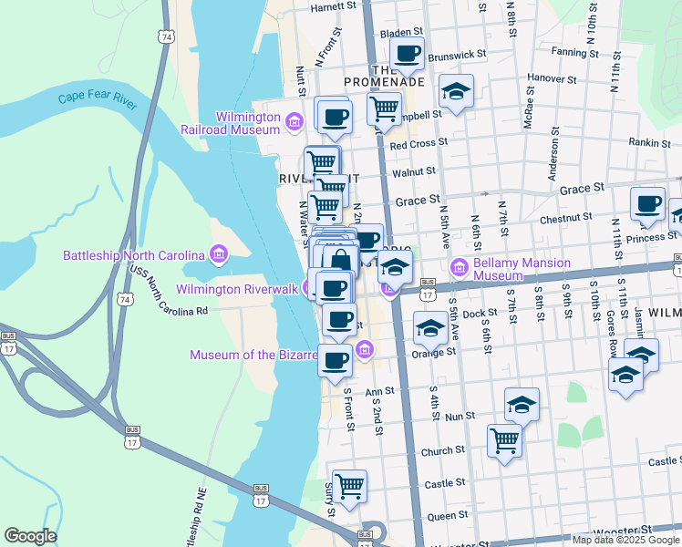 map of restaurants, bars, coffee shops, grocery stores, and more near 32 North Front Street in Wilmington