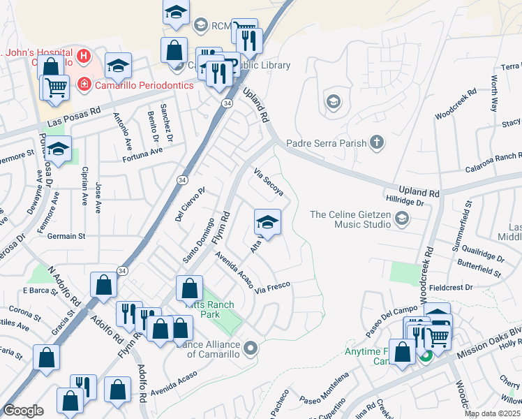 map of restaurants, bars, coffee shops, grocery stores, and more near 4777 Calle Cancun in Camarillo