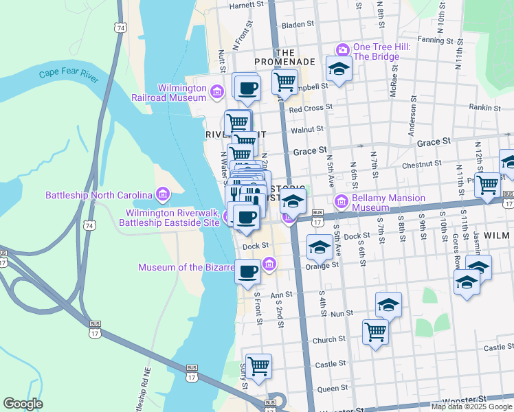 map of restaurants, bars, coffee shops, grocery stores, and more near in Wilmington