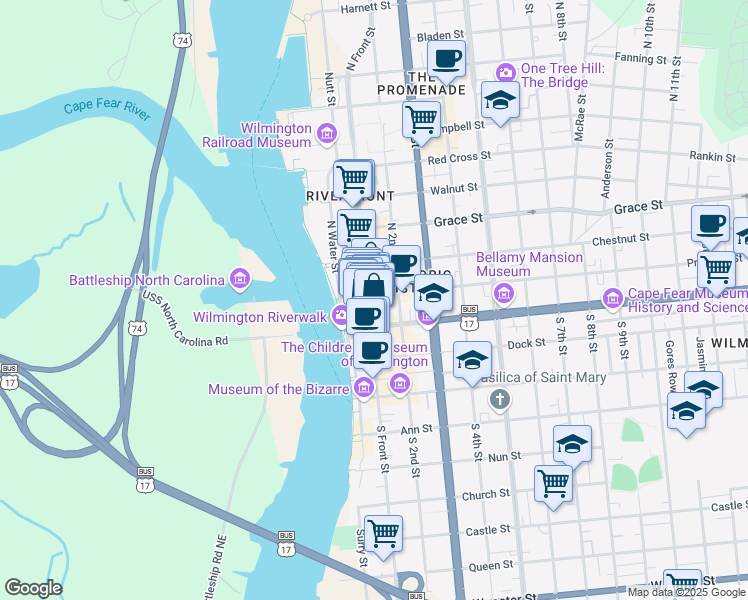 map of restaurants, bars, coffee shops, grocery stores, and more near in Wilmington