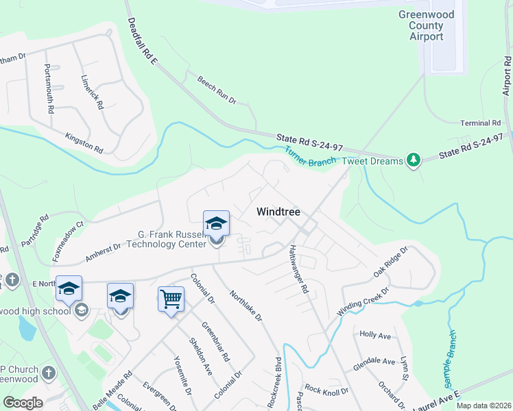 map of restaurants, bars, coffee shops, grocery stores, and more near 113 Windtree Court in Greenwood