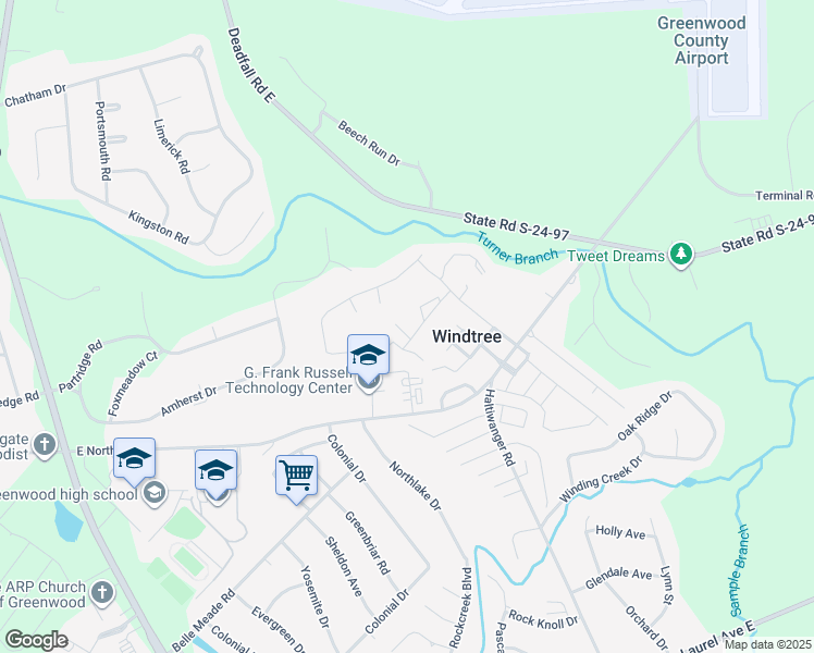 map of restaurants, bars, coffee shops, grocery stores, and more near 113 Windtree Court in Greenwood