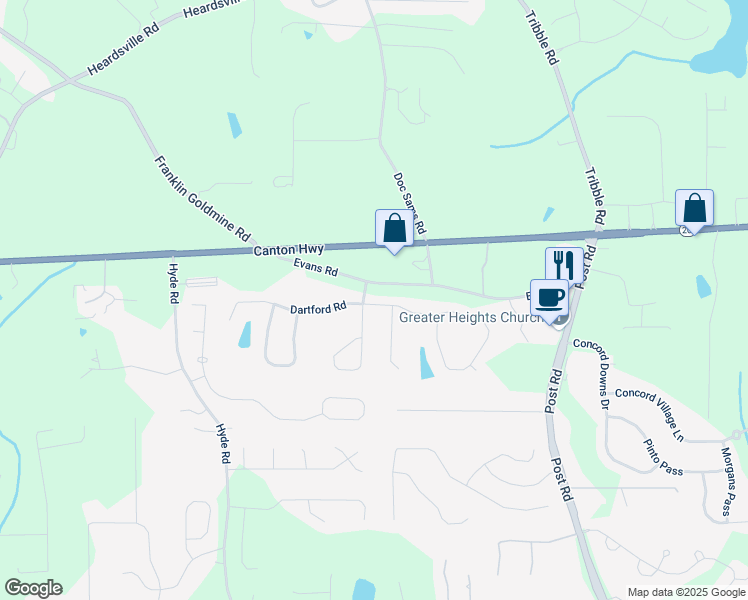 map of restaurants, bars, coffee shops, grocery stores, and more near 4215 Idlewood Drive in Cumming
