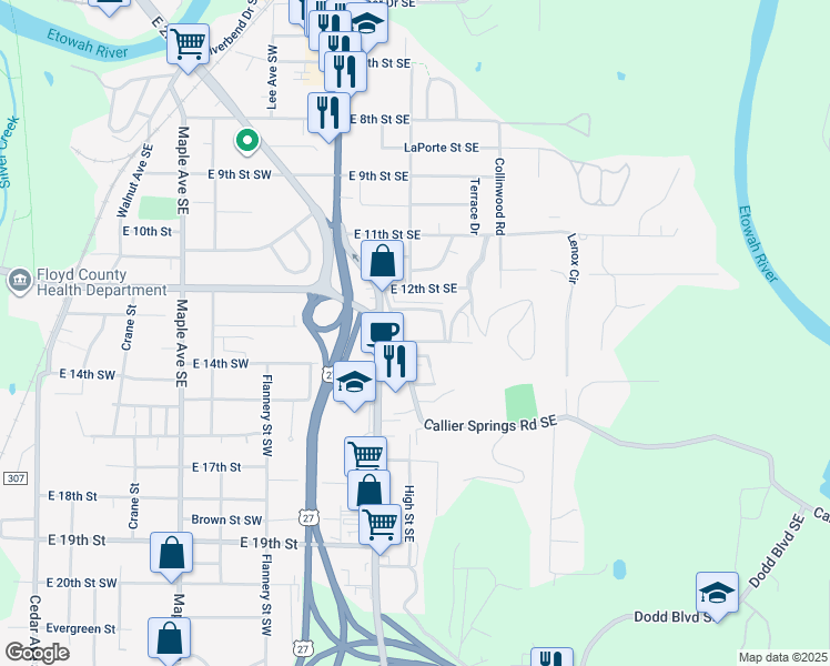 map of restaurants, bars, coffee shops, grocery stores, and more near 19 Townview Road Southeast in Rome