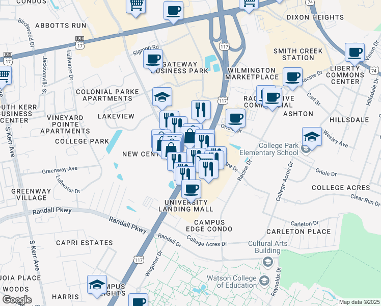 map of restaurants, bars, coffee shops, grocery stores, and more near 318 South College Road in Wilmington