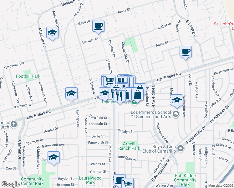 map of restaurants, bars, coffee shops, grocery stores, and more near 2306 Las Posas Road in Camarillo