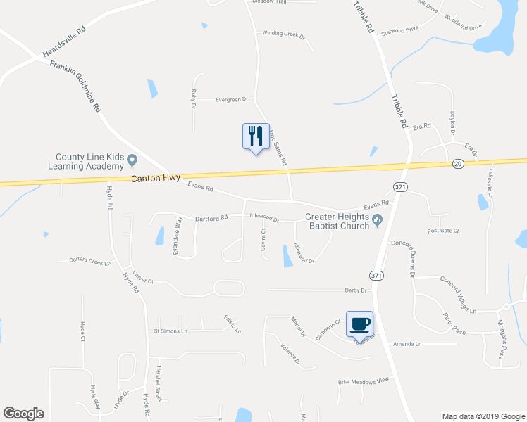 map of restaurants, bars, coffee shops, grocery stores, and more near 4235 Idlewood Drive in Cumming