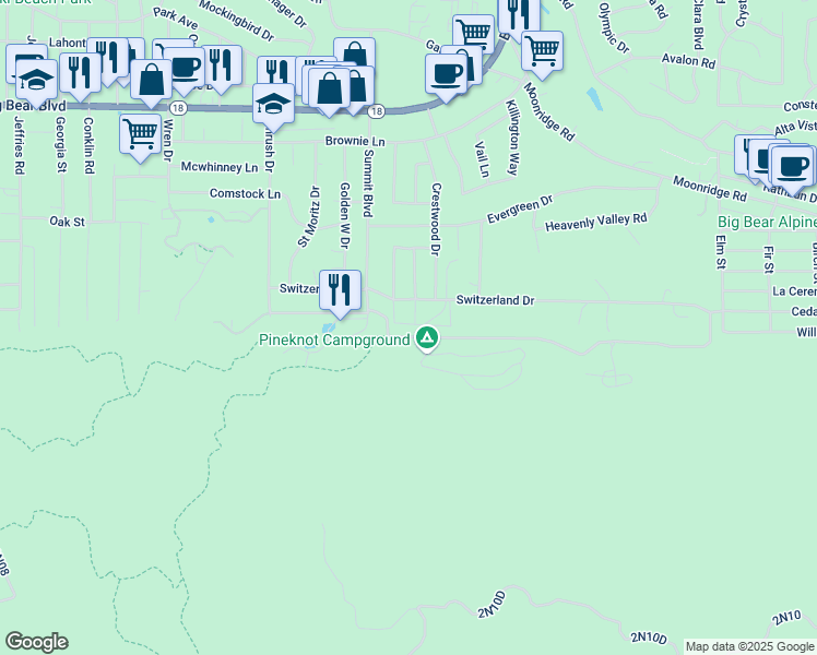 map of restaurants, bars, coffee shops, grocery stores, and more near 41909 Switzerland Drive in Big Bear Lake