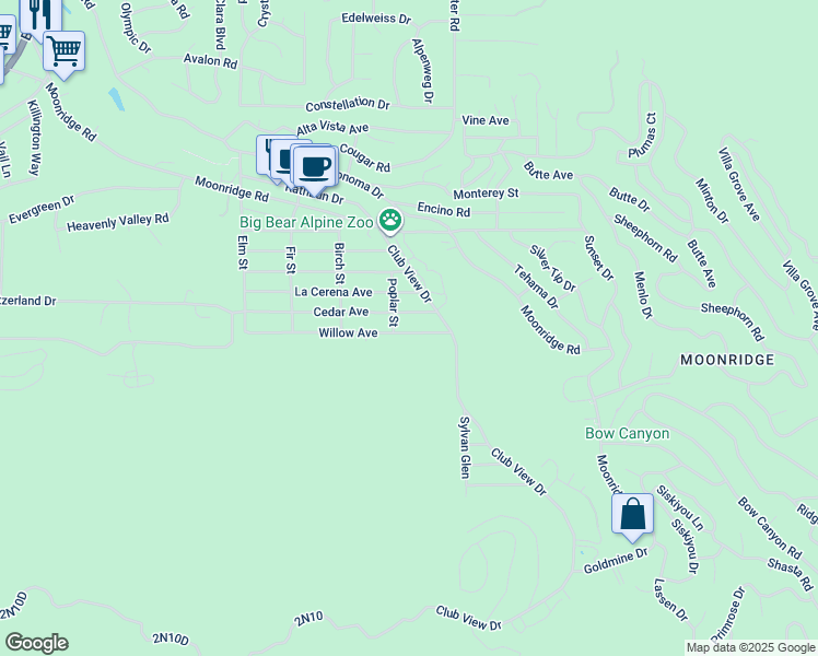 map of restaurants, bars, coffee shops, grocery stores, and more near 42814 Willow Avenue in Big Bear Lake