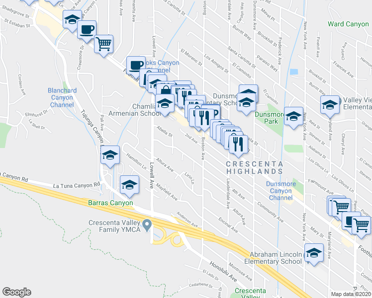 map of restaurants, bars, coffee shops, grocery stores, and more near 3845 4th Avenue in Glendale