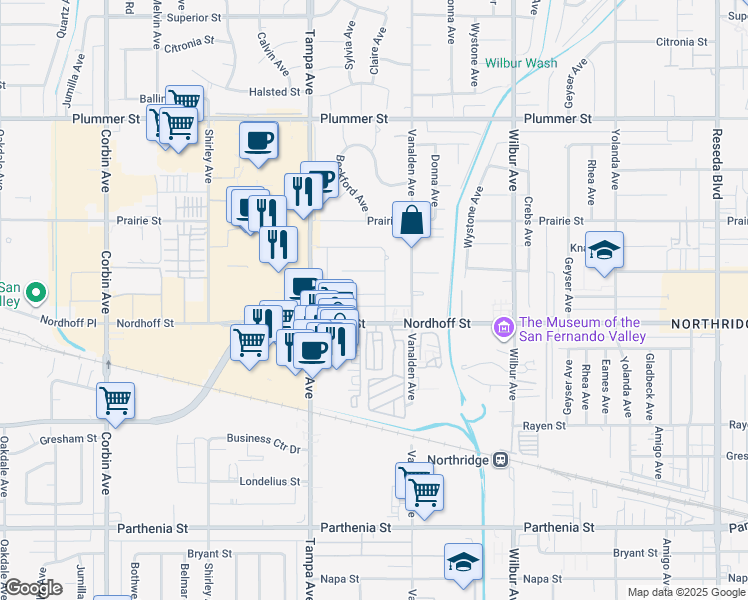 map of restaurants, bars, coffee shops, grocery stores, and more near 19210 Calahan Street in Los Angeles