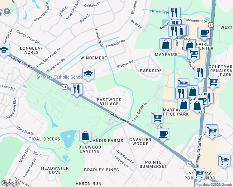 map of restaurants, bars, coffee shops, grocery stores, and more near 1210 Bayside Circle West in Wilmington