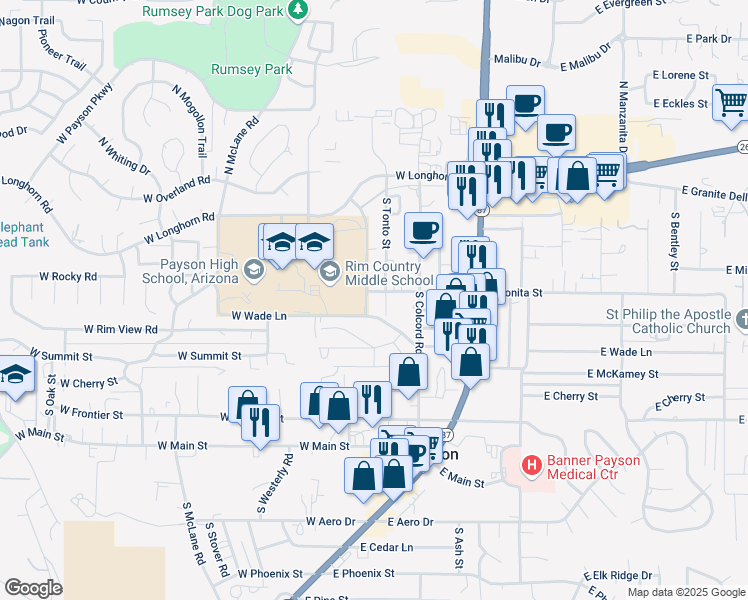 map of restaurants, bars, coffee shops, grocery stores, and more near 407 South Tonto Street in Payson