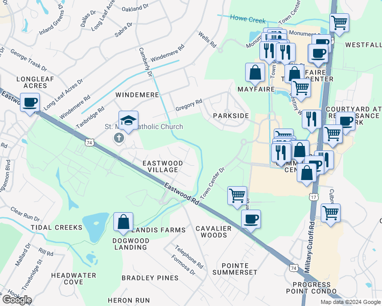 map of restaurants, bars, coffee shops, grocery stores, and more near 1003 Baycreek Drive in Wilmington