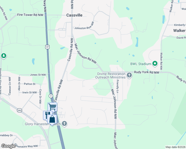 map of restaurants, bars, coffee shops, grocery stores, and more near 337 Mac Johnson Road Northwest in Cartersville
