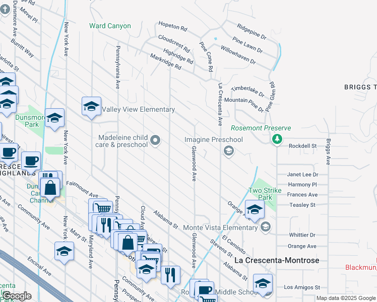 map of restaurants, bars, coffee shops, grocery stores, and more near 2912 Henrietta Avenue in La Crescenta-Montrose