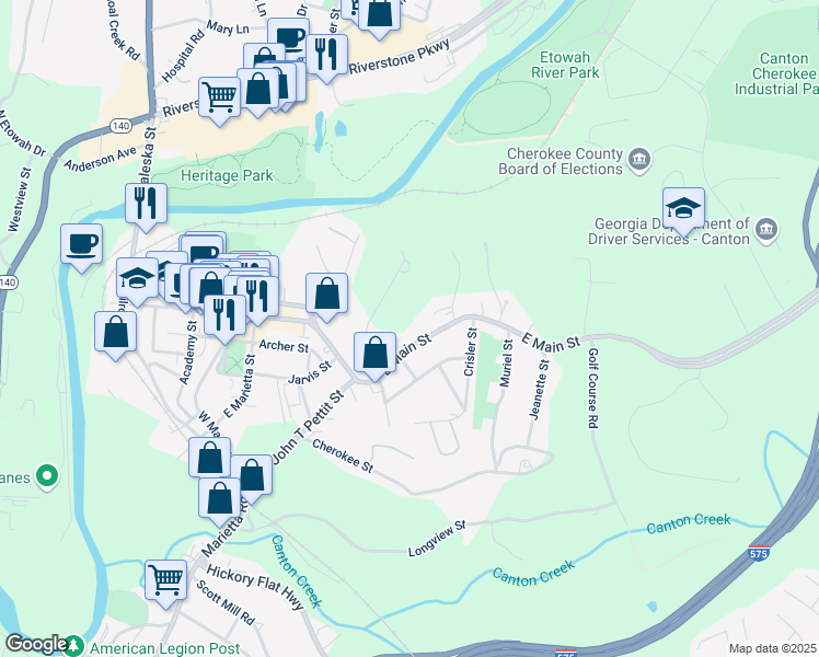 map of restaurants, bars, coffee shops, grocery stores, and more near 730 East Main Street in Canton