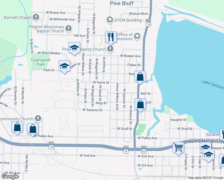 map of restaurants, bars, coffee shops, grocery stores, and more near 2101 Bell Street in Pine Bluff