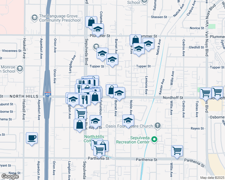 map of restaurants, bars, coffee shops, grocery stores, and more near 9131 Burnet Avenue in Los Angeles