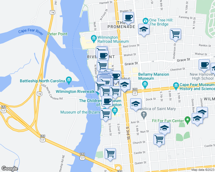 map of restaurants, bars, coffee shops, grocery stores, and more near 34 North Front Street in Wilmington