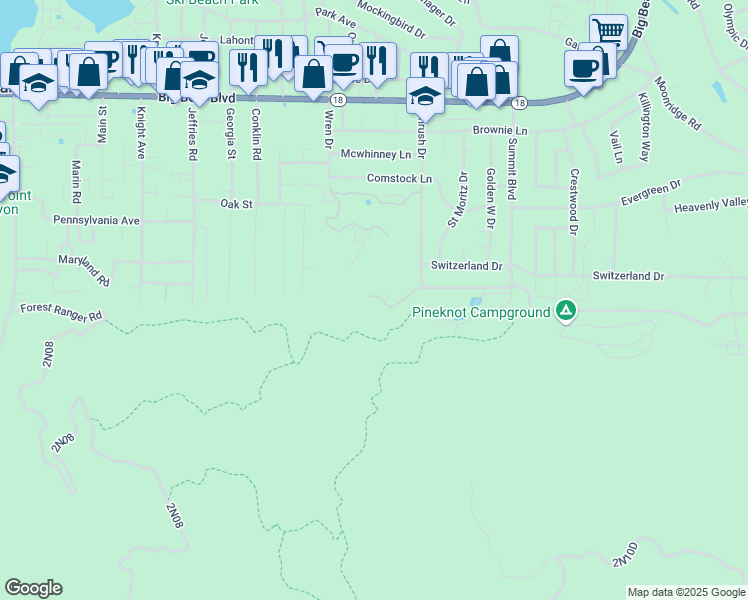 map of restaurants, bars, coffee shops, grocery stores, and more near 41625 Thrush Court in Big Bear Lake