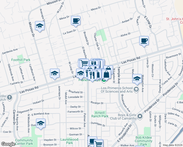 map of restaurants, bars, coffee shops, grocery stores, and more near 2306 Las Posas Road in Camarillo