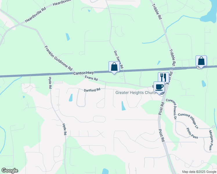 map of restaurants, bars, coffee shops, grocery stores, and more near 4215 Idlewood Drive in Cumming