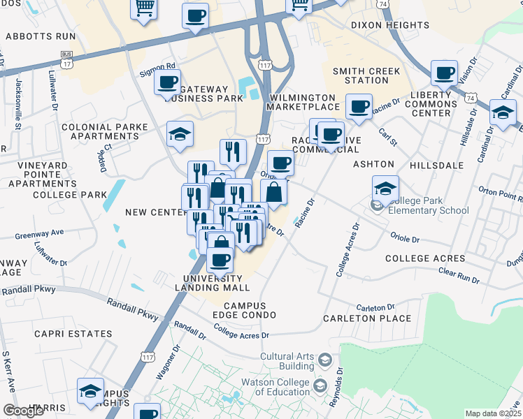 map of restaurants, bars, coffee shops, grocery stores, and more near 311 South College Road in Wilmington