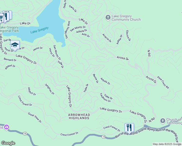 map of restaurants, bars, coffee shops, grocery stores, and more near 938 Balfrin Drive in Crestline
