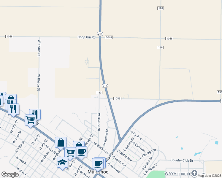 map of restaurants, bars, coffee shops, grocery stores, and more near Co Road 1053 in Muleshoe