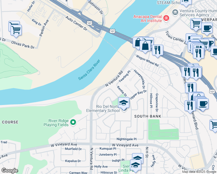 map of restaurants, bars, coffee shops, grocery stores, and more near 2581 Lake Drive in Oxnard
