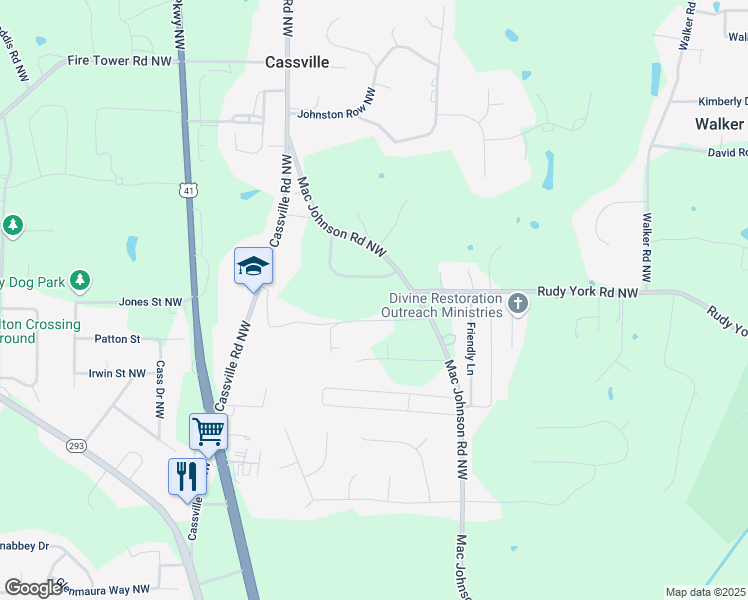 map of restaurants, bars, coffee shops, grocery stores, and more near 337 Mac Johnson Road Northwest in Cartersville