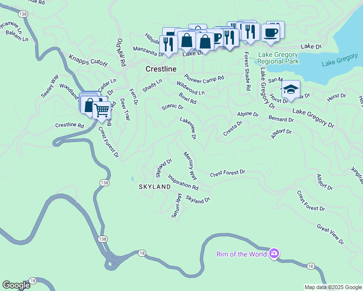 map of restaurants, bars, coffee shops, grocery stores, and more near 23817 Crest Forest Drive in Crestline
