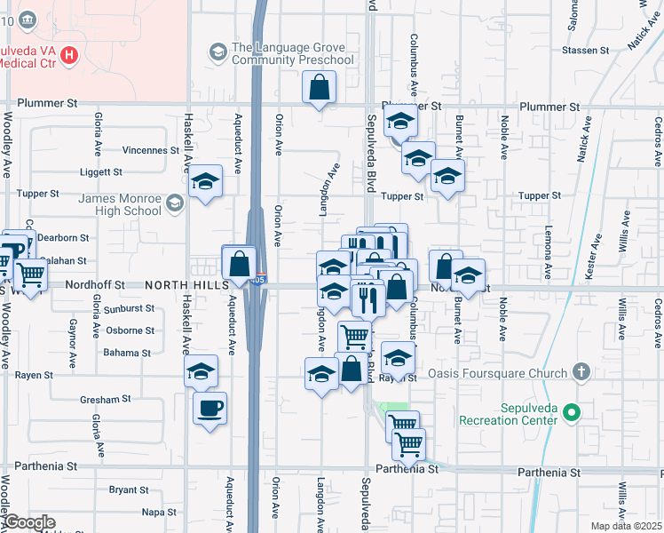 map of restaurants, bars, coffee shops, grocery stores, and more near 15441 Nordhoff Street in Los Angeles