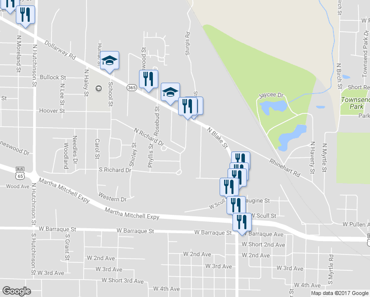map of restaurants, bars, coffee shops, grocery stores, and more near 1 Williams Street in Pine Bluff
