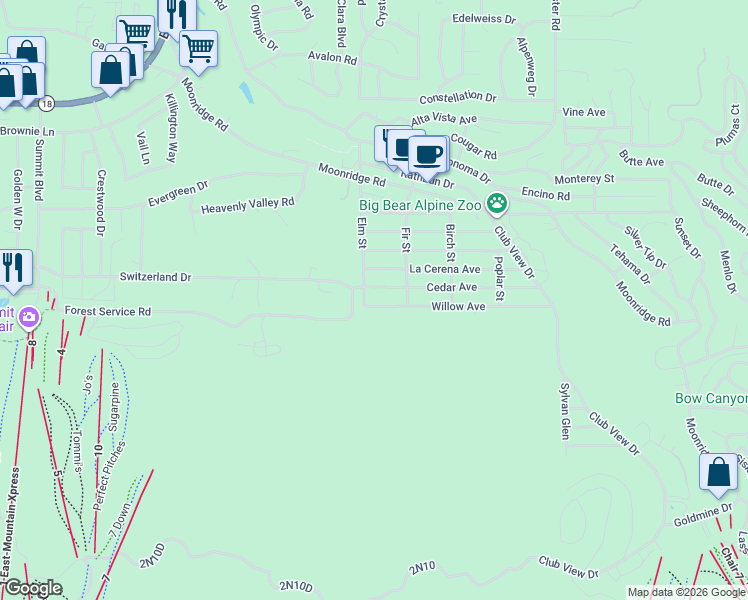map of restaurants, bars, coffee shops, grocery stores, and more near 42543 Willow Avenue in Big Bear Lake
