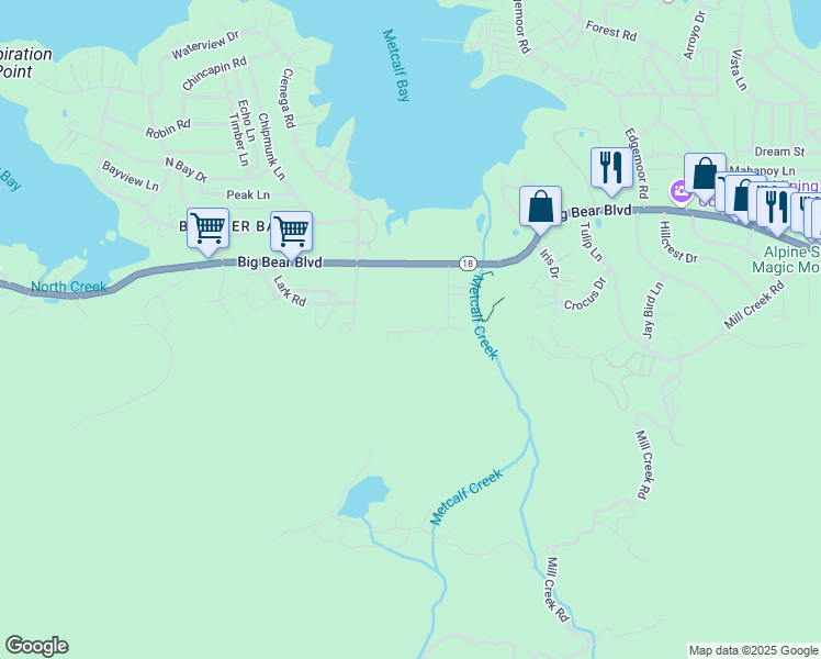 map of restaurants, bars, coffee shops, grocery stores, and more near 39530 Lakeview Pines Road in Big Bear Lake
