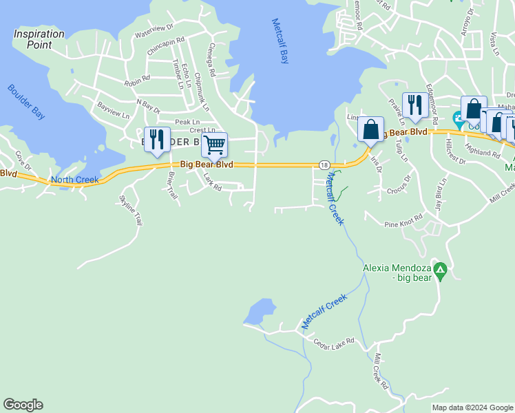 map of restaurants, bars, coffee shops, grocery stores, and more near Cienega Road in Big Bear Lake