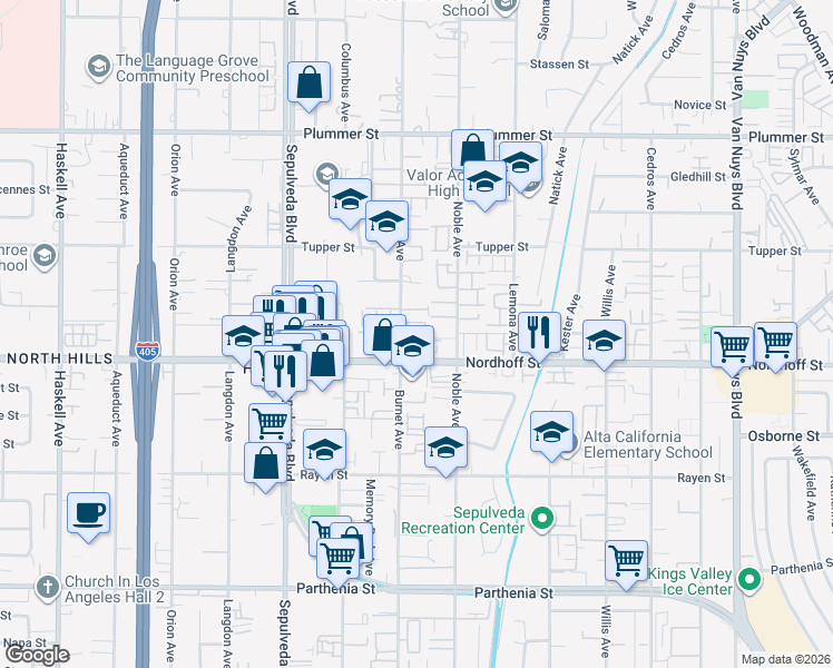 map of restaurants, bars, coffee shops, grocery stores, and more near 9140 Burnet Avenue in Los Angeles