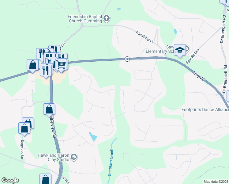 map of restaurants, bars, coffee shops, grocery stores, and more near 2520 Misty Hollow Lane in Cumming