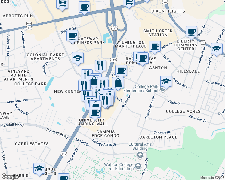 map of restaurants, bars, coffee shops, grocery stores, and more near 309 College Road in Wilmington