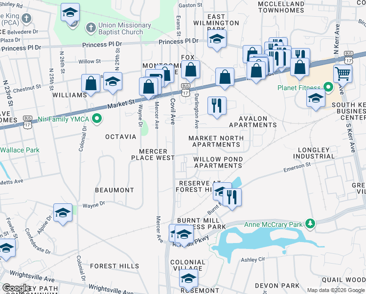 map of restaurants, bars, coffee shops, grocery stores, and more near 343 Broad Street in Wilmington