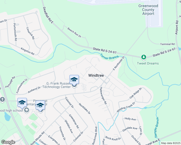 map of restaurants, bars, coffee shops, grocery stores, and more near 113 Windtree Court in Greenwood