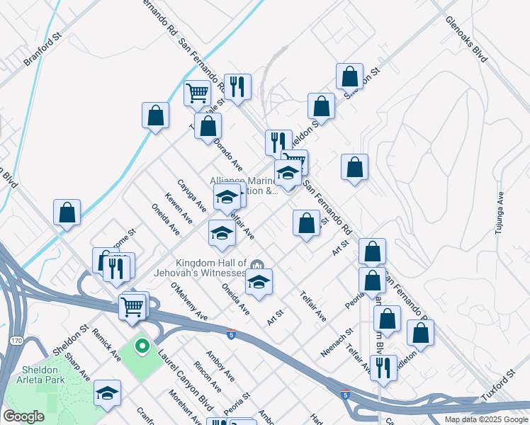 map of restaurants, bars, coffee shops, grocery stores, and more near 12001 Allegheny Street in Los Angeles